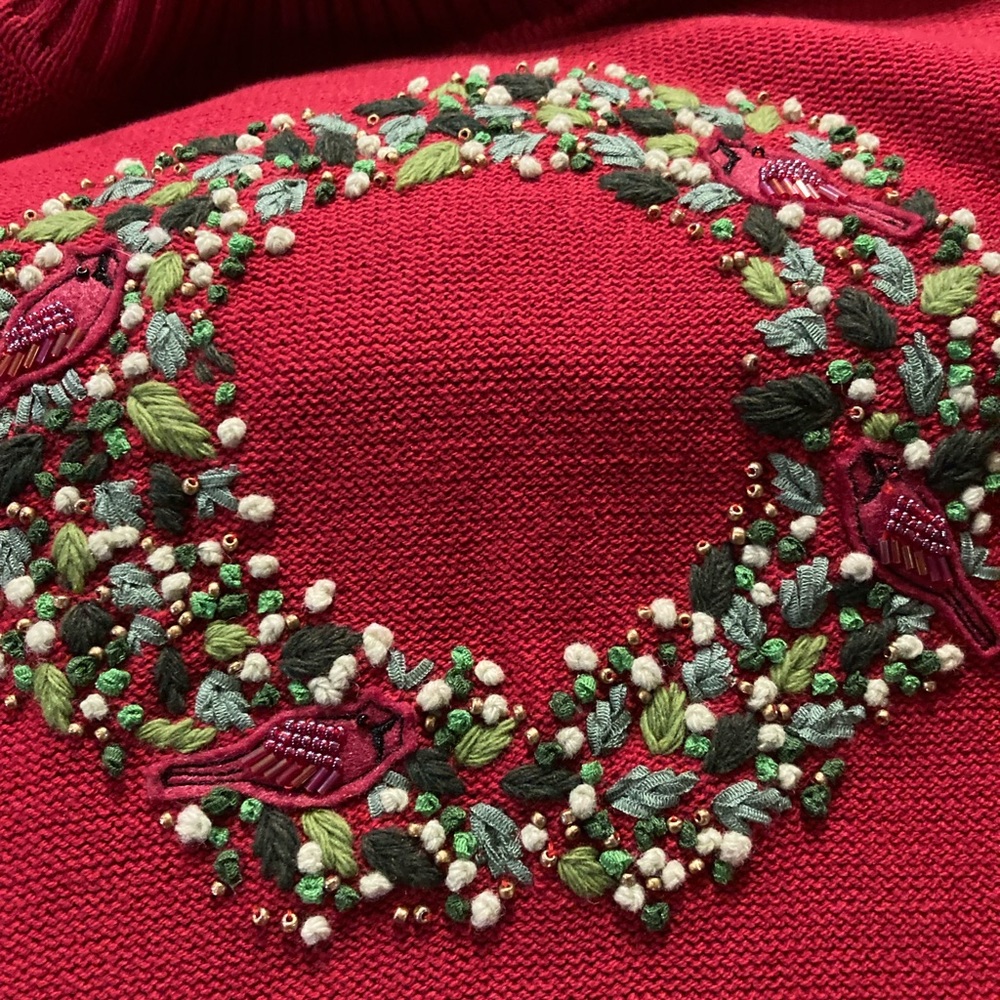 NWT Vintage Merry and Bright Red Christmas Sweater With Black Trim Size Large - Picture 12 of 16
